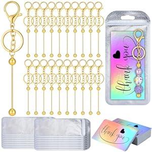 Sasylvia 60 Pcs Beadable Keychain Bars Bulk Making Kit 20 Beaded Keychain 20 Bag 20 Thank You Cards for DIY Keyrings Charms(Gold)