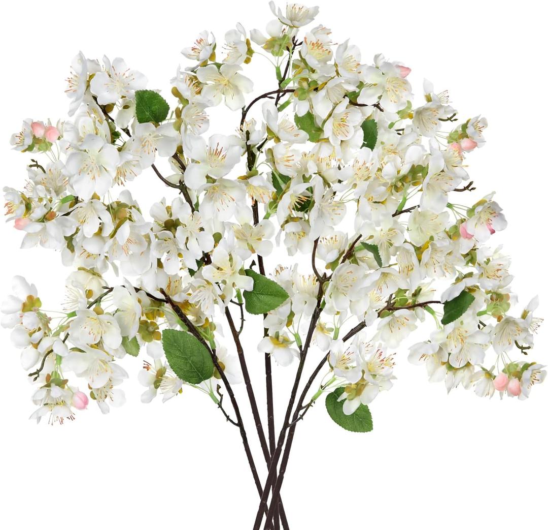 DILATATA Artificial Cherry Blossom Flowers 5 Pcs Silk Cherry Blossom Stems 22 Inch Long Stems Faux Silk Peach Flowers for Tall Vase Spring Decor Wedding Party Home Table Arrangement - White