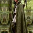 L'VOW Medieval Hooded Cloak Linen Renaissance Cape with Hood - Halloween Hobbit Cosplay Witch Wizard LARP (Green)