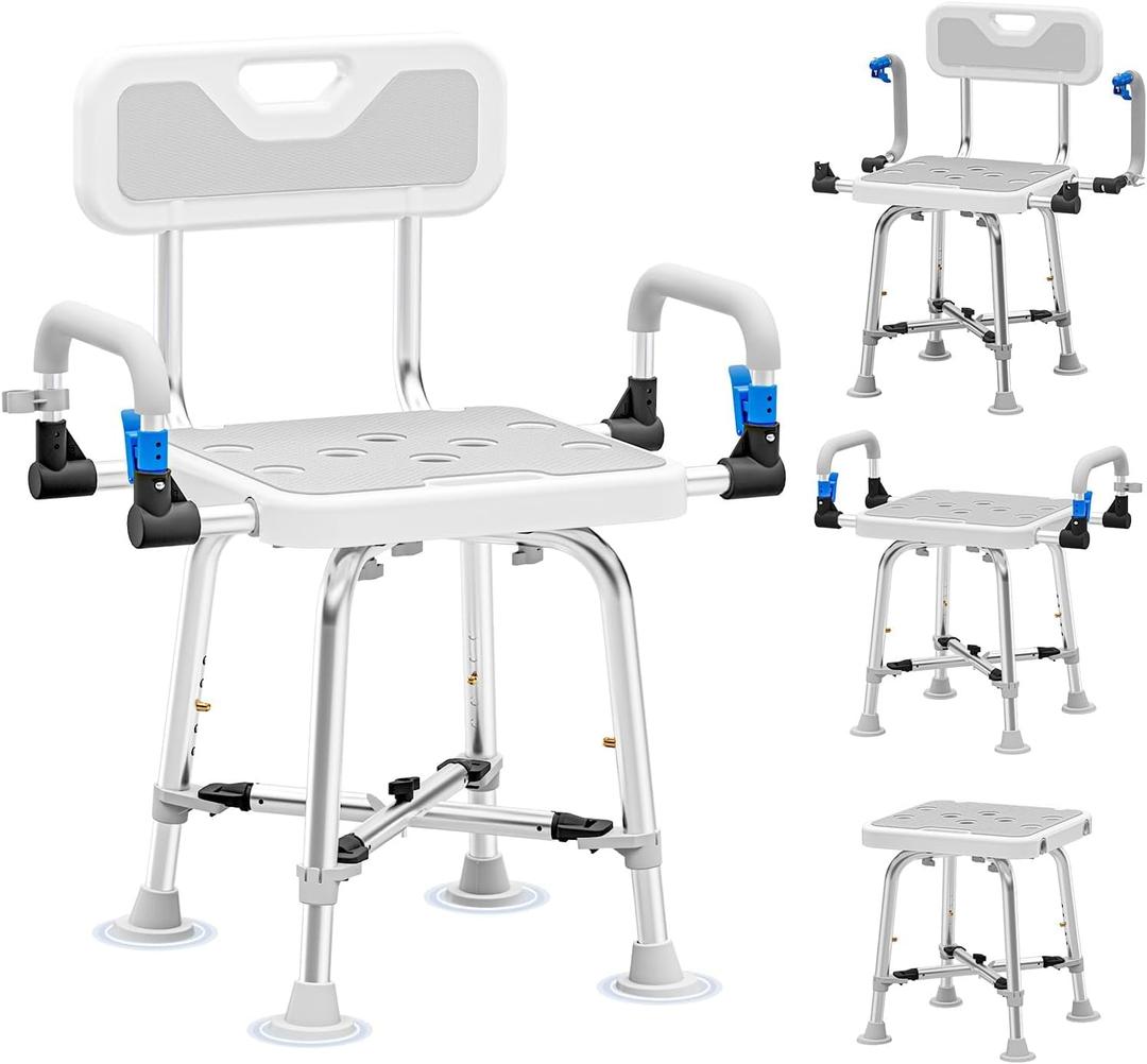 Shower Chair for Seniors Elderly Handicap Disabled Or Bariatric Adults Heavy Duty 500 Lbs Bench Seat for Inside Shower Stall and Bathroom Bath Tub with Arms and Back Adjustable Stool Chairs (Gray)