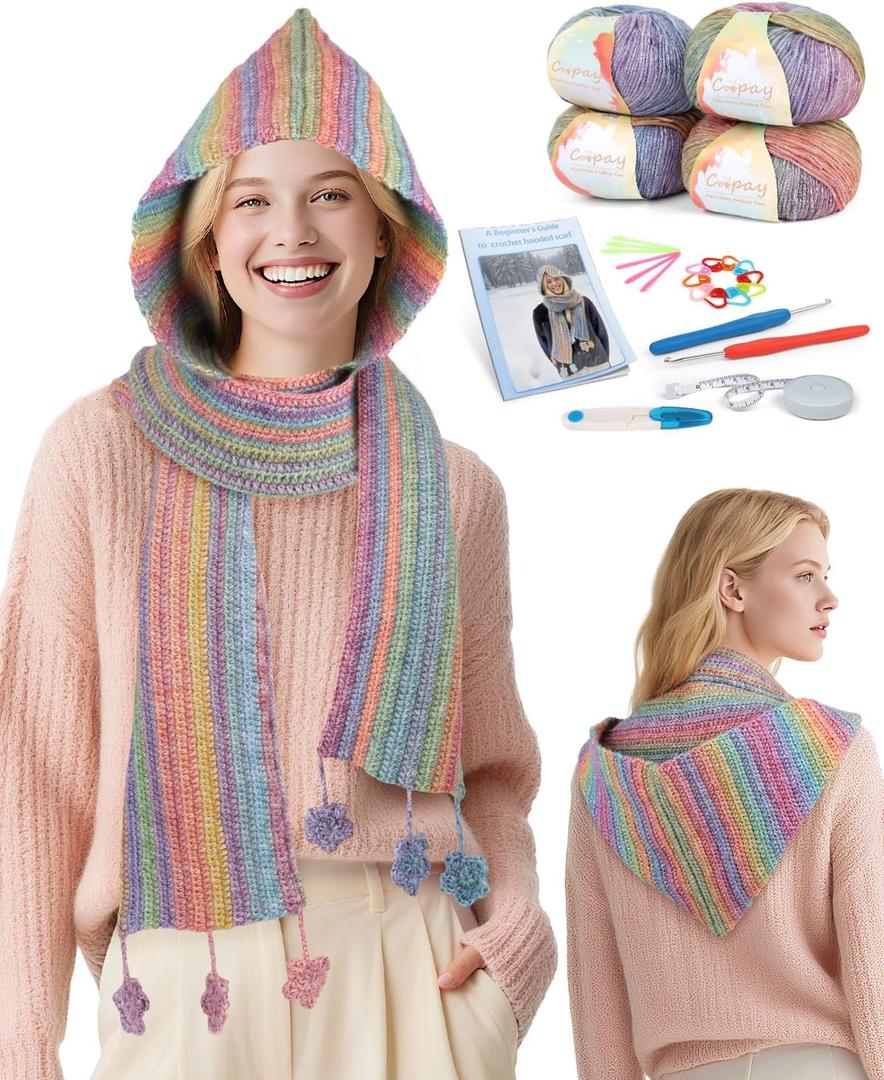 Coopay Crochet Kit for Beginners, Crochet Kits for Adults - 4 Basic Stitches to Complete Hooded Scarf, Perfect for Crocheting Hooded Scarf with Step-by-Step Instructions & 5 Yarns (Rainbow)