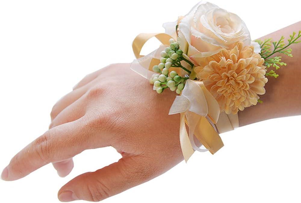 2 Pack Rose Wrist Corsages Wristband Hand Flowers for Wedding Bridesmaid Bridal Shower Prom Party (2 Wrist Corsages Champagne) (H 2 Wrist Corsages)
