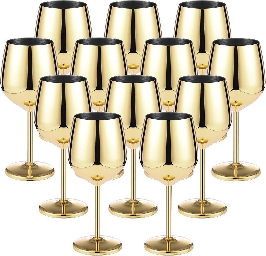 Gold Stem Stainless Steel Glasses 18oz Unbreakable Stemware Portable Shatterproof Metal Goblet Glasses Drinkware for Champagne Cocktails Banquet Wedding Party Camping (12 Pack)
