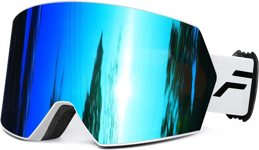 FMY Ski Goggles for Men Women & Youth - Anti Fog UV400 Protection Snowboard Snow Skiing Goggles for Adult (Ice Blue & White Frame)