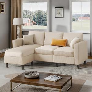 Shintenchi Small Sectional Sofa Couches,L Shape Convertible Sofa with Ottoman,3 Seat Comfy Corduroy Upholstered Sofa Couch,Small Couch for Apartment,Living Room and Office(Beige)