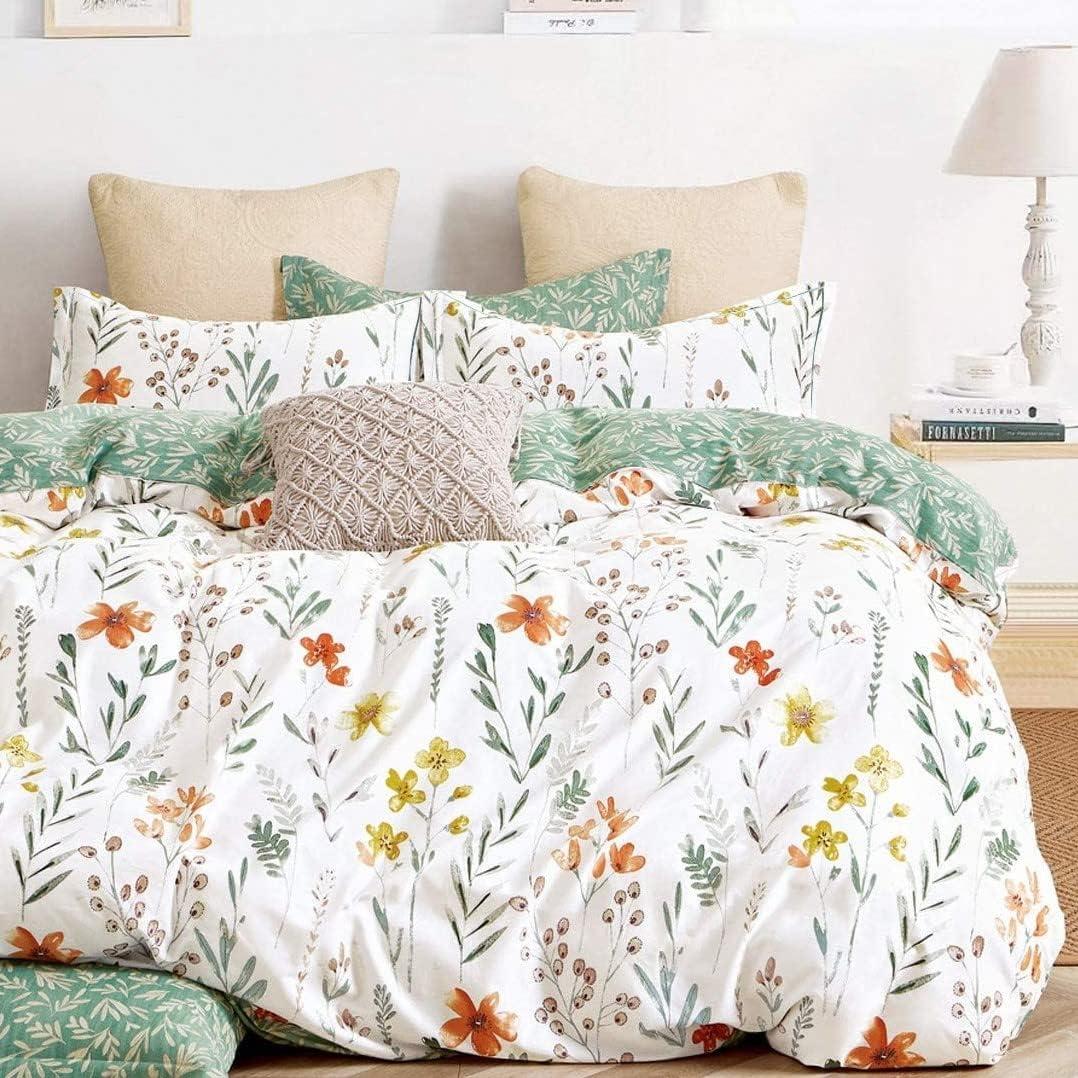 SLEEPBELLA Queen Size Comforter Set Yellow Flowers & Green Botanical Pattern Printed on White 100% Cotton Fabric, Ultra Soft Microfiber Inner Fill 3Pcs Bedding Set