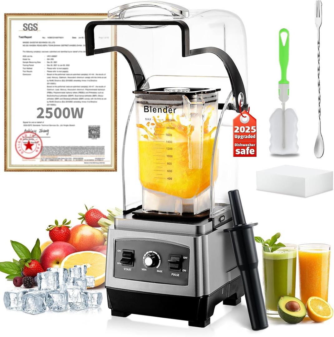 2025 Upgrade Commercial Blender2500W German Super Motor Dishwasher Safe 6-Piece Japanese Blades 3-Second Quick Ice Crushing, Quiet Blender for Juices and Smoothies 