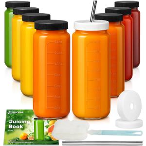 Ruckae 16oz 8 Pack Juice Bottles, Glass Bottles Juicing with Lids, Smoothie Cup Lids and Straws, Water Bottle Mason Jar Drinking Glasses for Juicing, Smoothies, Kombucha (Transparent)