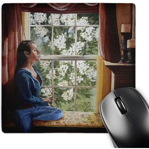 3dRose LLC 8 x 8 x 0.25 Inches Mouse Pad, Girl Staring from Bright Window with Hydrangia Flowers Outside (mp_44370_1)
