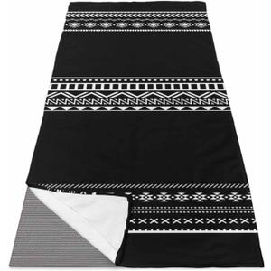 Yoga Mat Towel Boho White Polka Dot Geometric Striped Black Non Slip Hot Yoga Mat Towel with Corner Pockets Absorbent Microfiber Yoga Towels for Hot Yoga, Bikram, Pilates, 26x74 Inch