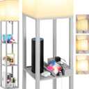 FOLKSMATE LED Shelf Floor Lamp, Modern Touch Control Dimmable Standing Lamp with 2 USB Ports and 1 Power Outlet, Corner Tall Lamps with Shelves, Wood Standing Light for Bedroom, Living Room, Grey (Gray)