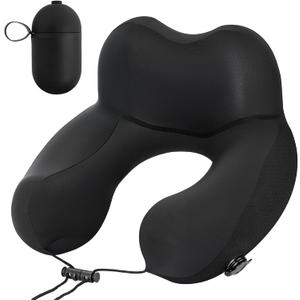 Neck Pillow for Traveling, 2-in-1 Air-Pump & Storage Bag, Inflatable Compact 360Head Support Airplane Pillow for Travel,Train, Car - Black