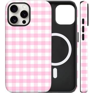 Magnetic for iPhone 15 Pro Max Case Cute Checkered Stripes Phone Case for Women Girls, Shockproof Slim TPU and Hard PC Protective Phone Cover Compatible with MagSafe Designed, Pink