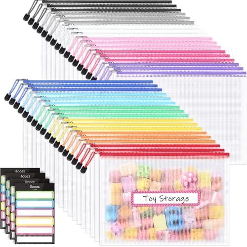Sooez 36 Pack Mesh Zipper Pouch with Sticky Labels, A4 Mesh Bags, Toy Storage Board Game Puzzles Organization, Sturdy Letter Size File Folders Organizer for Teacher School Classroom Office Supplies