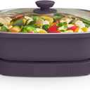 bella Make & Take Electric Skillet, Fits-anywhere kitchenware, EverGood Ceramic Coating, Adjustable Temperature & Dishwasher-Safe Tempered Glass Lid, Cast Aluminum Base, 1200 Watt, Plum