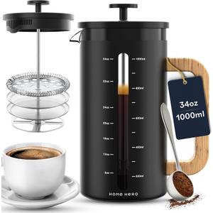 Home Hero French Press Coffee Maker - 34 oz Coffee Press with Bamboo Wood Handle, Heat Resistant Thick Borosilicate Glass French Presses, 4 Layer Filter, French Press Stainless Steel (Black)