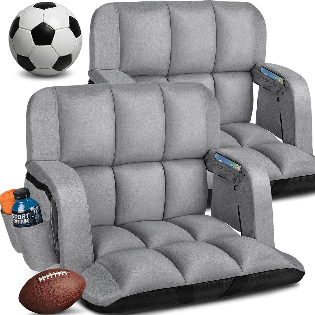 Stadium Seats with Back Support 2 Pack, 12-Grid Ergonomic 4.7" Thick Bleacher Chairs for All-Day Comfort, 6 Reclining Positions, Portable Extra Wide Adjustable Stadium Chair for Football & Baseball, Wide|22.5"|2 Pack