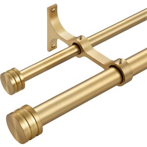 Double Curtain Rods with Aluminum End Cap and Full Enclosure Brackets, 1- Inch Front and 5/8 Inch Back Window Rod, Dual Drapery Rods Adjustable from 36 to 72 Inches (3-6 Feet), Brushed Gold