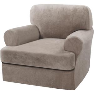 H.VERSAILTEX Sofa Cover 2 Piece Armchair Slipcovers Thick Velvet Couch Cover Furniture Protector Stretch Sofa Covers for 1 Cushion Couch with 1 Individual T Cushion Covers Washable, Taupe