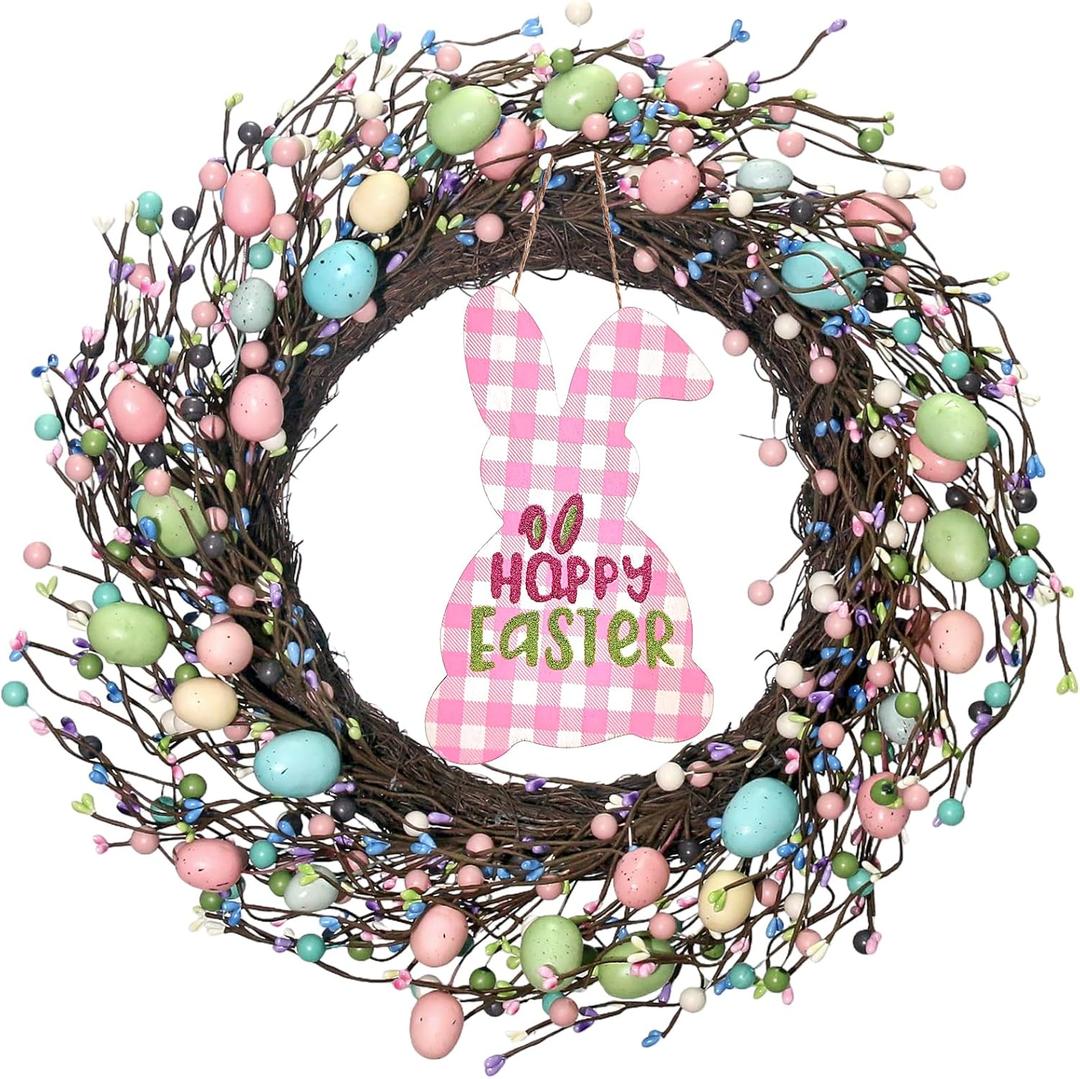 Easter Egg Wreath for Front Door, 20 inch Farmhouse Easter Wreath with Colorful Pastel Eggs, Wooden Rabbit, Spring Wreath for Easter Wall Decor Holiday Decoration