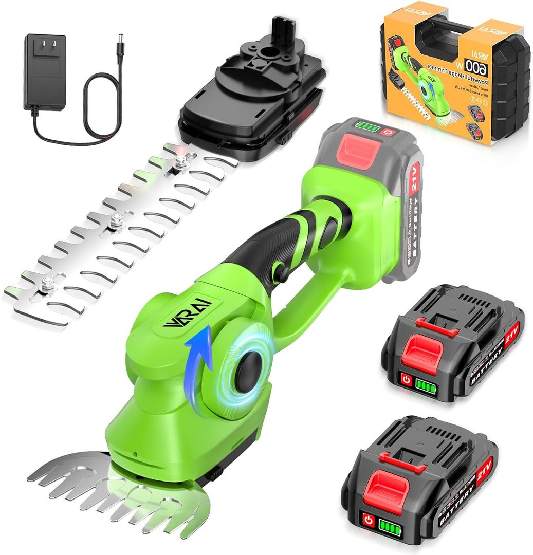 Cordless Hedge Trimmer, 2-in-1 Hedge Trimmer, Ultra Long Battery Life with Battery*2, high-Power and high-Capacity Grass Trimmer for Gardens, Yards and lawns, Including Charger (green-black)