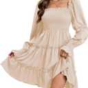 Women's Square Neck Fall Long Sleeve Shirred Smocked Ruffle Hem A Line Flowy Swing Party Mini Dress (Beige, XS)