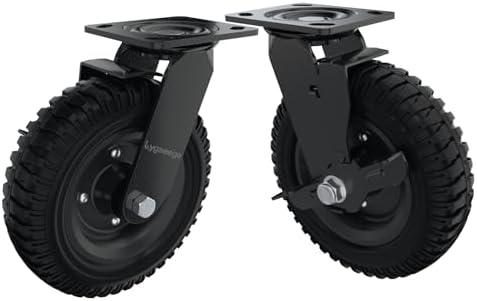 Lygoeege Swivel Heavy Duty Caster Wheel, 8 Inch*2, 1000lb Capacity, Black Rim, Solid Rubber, Cast Iron,Brake Casters,Outdoor, Flat Free for Carts, Dolly, Workbench,Trolley,DIY Tools