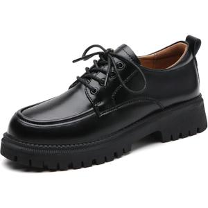 Oxford Shoes for Women Patent Leather Shoe Women's Platform Oxford Shining Lace-Up Chunky Round Toe Non-Slip Business Casual Comfortable Dressy Office Work Ladies Shoes (8, Black2)