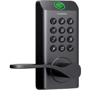 Fingerprint Keyless Entry Door Lock with Handle, Biometric Keypad Door Lock with Handle Lever, Digital Electronic Door Knob Lock for Front Door, High Durability, Voice Prompt for Easy Use, Black