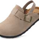 ZUSERIS Kids Toddler Suede Clogs Boys Girls Leather Mules House Slippers Comfort Non Slip Cork Footbed Sandals with Straps & Adjustable Buckle,Apricot,11-12 Little Kid