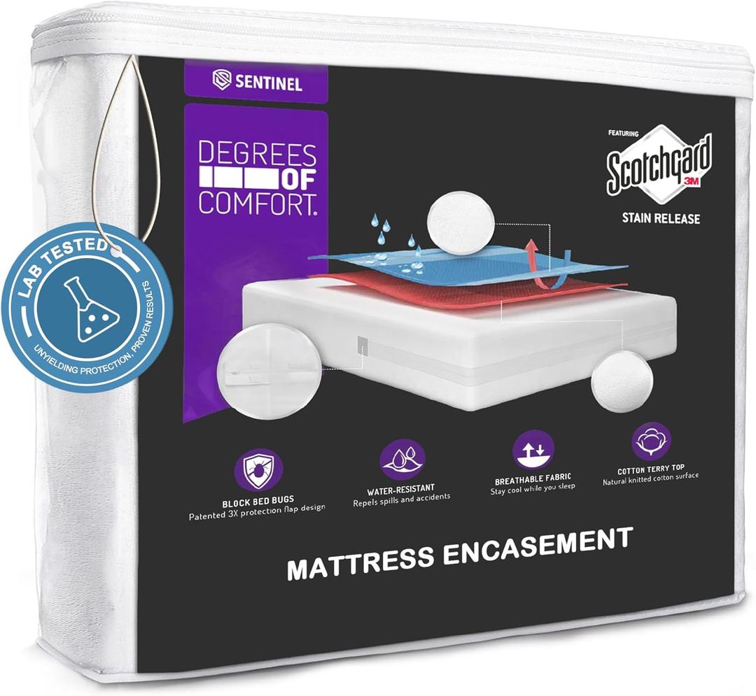 Queen Size Mattress Encasement Deep Pocket, Dustmite Protector, Cover 15-18 Inch, 3M Scotchgard