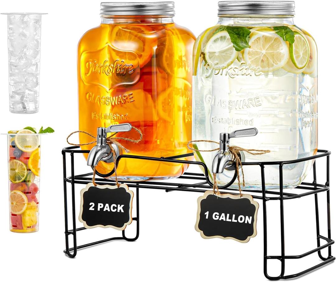 Drink Dispensers for Parties 1 Gallon, 2-PACK Glass Beverage Dispenser with Leakproof Stainless Steel Spigot, Stand, Ice Cylinder, for Christmas, BBQ, Picnic, Lemonade, Cocktails
