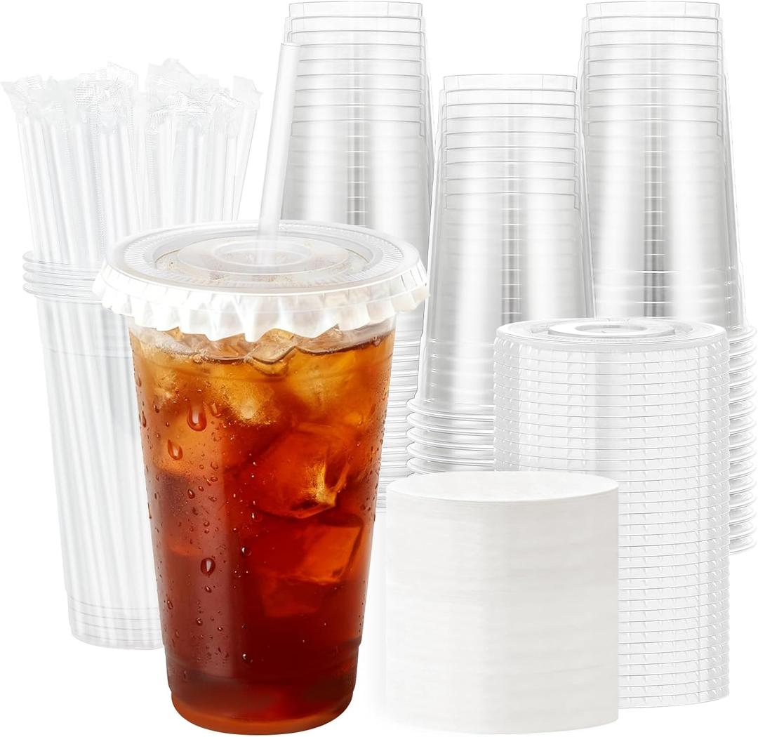 Lamosi 50 Pack 24 oz Clear Plastic Cups with Lids and Straws, Disposable Plastic Coffee Cups with Lids for Iced Coffee, Cold Beverages, Smoothies and To-Go Drinks