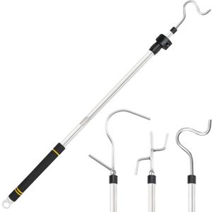 Clothes Hook Pole, High Reach Garment Hook 38 - 63 Telescoping Pole with 3 Hooks and Foam Handle for Hanging Clothes String Lights Plants Grabbing Trunk Cargo Shelf Items