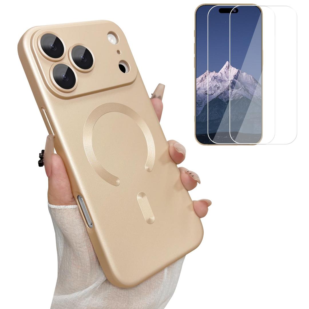 ankofave Magnetic Case for iPhone 17 Pro Max Case for Women, [Compatible with MagSafe] Matte Soft Metallic Design with Lens Protectors and 2 Screen Protectors for iPhone 17 Pro Max 6.9"-Champagne Gold