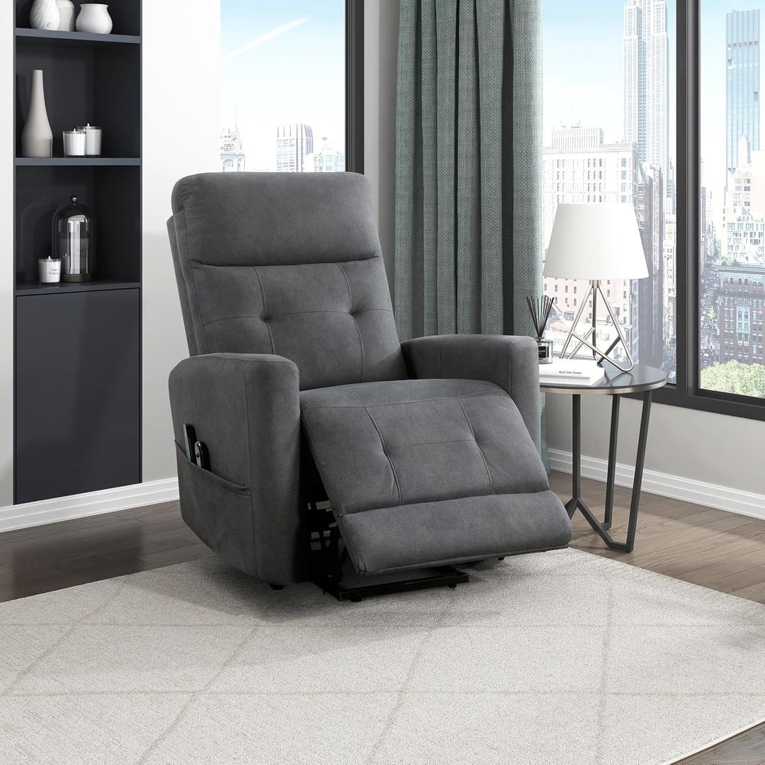 Lexicon Power Lift Recliner with Heat and Massage for Adults Elderly Ergonomic, Textured Microfiber Tufted Lounge Chair Classic Single Sofa Recliner with Side Pockets, Home Theater Seating, Dark Gray, 32 inches x 39 inches x 42 inches