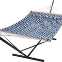 SUNCREAT Two Person Hammock with Stand, 475 lbs Capacity, Portable Patio Hammock with Hardwood Spreader Bar, Large Soft Pillow, Blue Pattern (Navy & White)