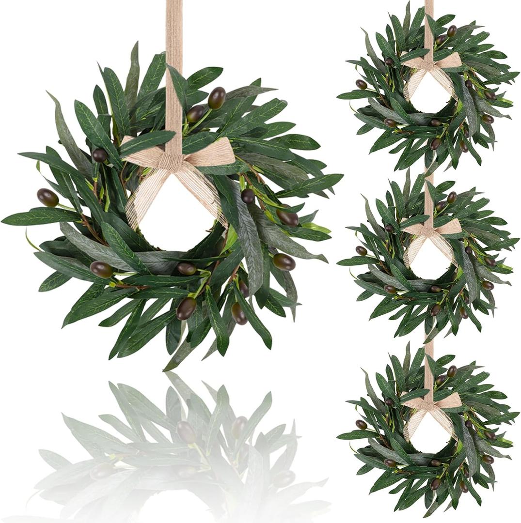 4 Pcs Artificial Green Olive Wreaths Greenery Wreath with Olive Leaves Mini Green Kitchen Cabinet Wreaths Swag Spring Summer Wreath for Front Door Porch Wall Window Farmhouse Wedding Decoration