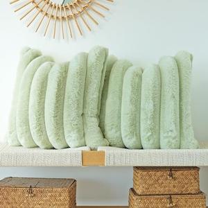 JOJUSIS Pack of 2 Faux Fur Plush Decorative Throw Pillow Covers Couch Cushion Case Soft Fluffy Pillowcases Wide Stripe (Sage Green, 16 x 16 Inch)