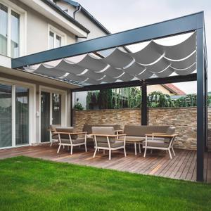 4.5'W X 12'L Waterproof Retractable Sun Shade Slide Flexible Canopy, Pergola Wave Awning Cover Silver Coated Polyester Fabric, Wave Sun Shade for Patio Garden Deck Trellis, Gray