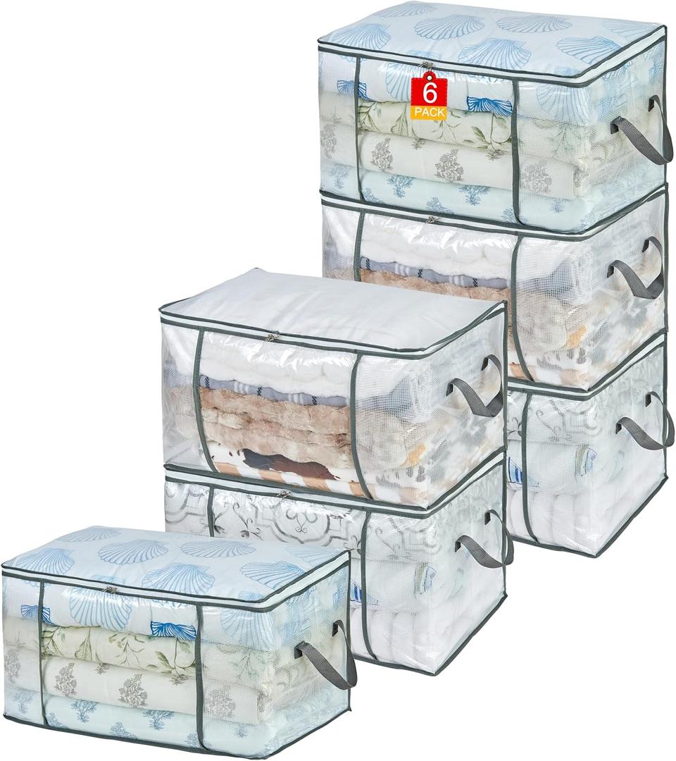 80L Clear Large Storage Bag, Clothes Storage Containers for Organizing Closet, Bedroom, Underbed, Comforters, Clothing, Blankets, Pillow, Foldable Organizer with Sturdy Handle and Zippers (6)