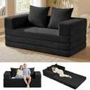 Convertible Sofa Bed, 4-in-1 Boneless Loveseat with Removable Armrests Backrest, Corduroy Futon Couch Bed with Pillow, Foldable Mattress Sleeper Sofa for Living Room Bedroom Small Place (Black)