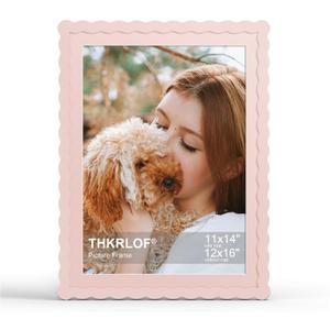 12x16 Picture Frame with Mat for 11x14, Wavy Edge Wooden Real Glass Photo Frame for Wall Hanging, Pink, 1 Pack