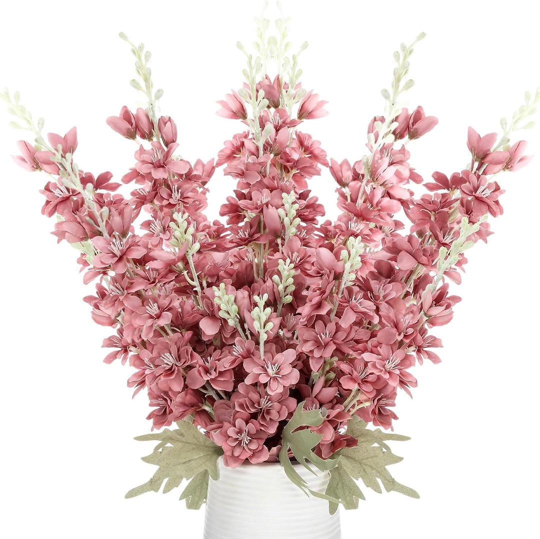 Thiccywoov 12 Pcs Delphinium Artificial Flowers, 33.5'' Long Stem Lifelike Faux Silk Flower Fake Look Real Bouquet for Tall Vase DIY Wedding Party Home Kitchen Arrangement Decor(Dusty Rose)