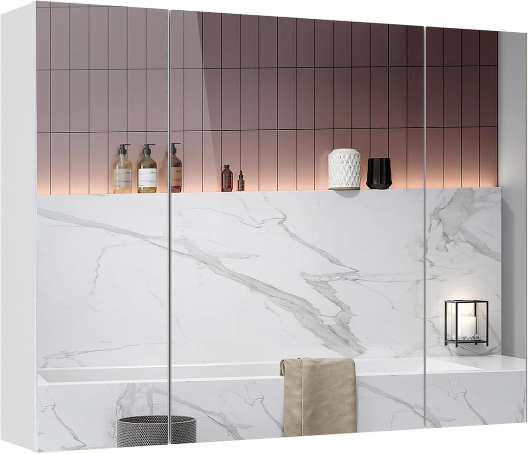 Medicine Cabinets Bathroom Mirror Cabinet with 3 Door Bathroom Wall Cabinet with Mirror Wall Mirror Storage Shelf with 3-Adjustable Shelves Storage Organizer Kitchen Cupboard,White