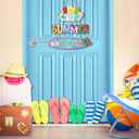 Hello Summer Door Sign,Summer Wreath for Front Door,Beach Wall Sign Flip Flop,Lolly Ice Cream Popsicle Decor,Rustic Farmhouse Flamingo Hawaii Pool Beach Plaque for Yard Outdoor Garden Porch (Blue & Colourful)