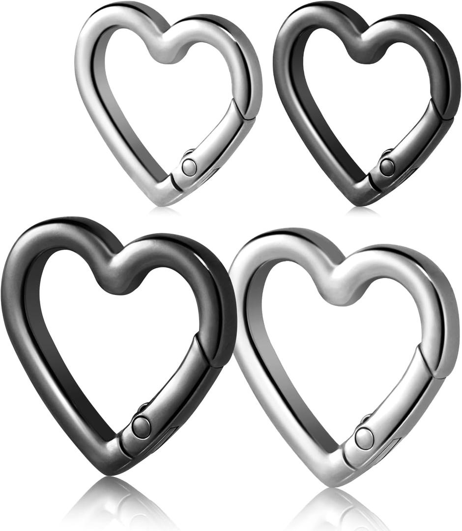 4pcs Heart Carabiner Keychain Clip, Metal Spring Heart Rings Hook Key Ring Carabiner Clips for Purse Bag Charms Backpack Strap Dog Tags Hang Water Bottle Paracord Keychain Lanyard(Silver Black)