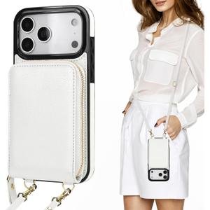 KIHUWEY Crossbody Wallet Case for iPhone 17 Pro Max, Zipper Pocket Case with Card Holder, PU Leather RFID Blocking Protective Cover Case with Kickstand Detachable Wrist Strap Lanyard 6.9" (White)