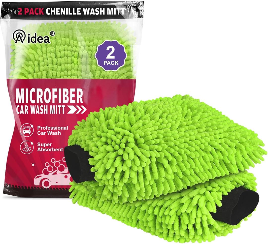 AIDEA Car Wash Mitt Microfiber, 2PK Scratch Free Lint-Free, Premium Chenille Microfiber Mitt Car Wash Brush, Green, Regular Size 7.12''X10.14''