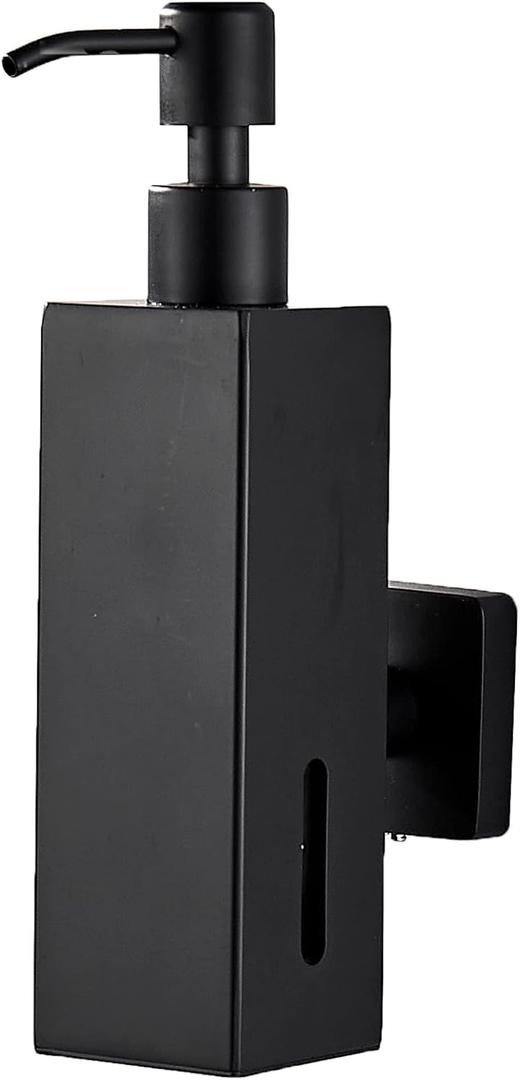 BATHSIR Matte Black Soap Dispenser, Refillable Shower Soap Dispenser Wall Mounted, Stainless Steel Clear Hand Soap Dispenser with Pump for Bathroom Kitchen Sink Dish (Square 200ML)